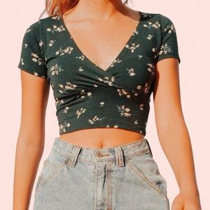 Brandy Melville Green Floral Amara Crop Top